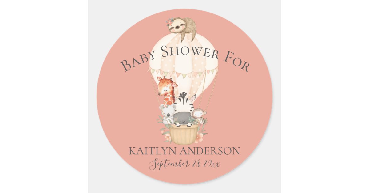 Cute Giraffe Zebra Hot Air Balloon Baby Girl Classic Round Sticker | Zazzle