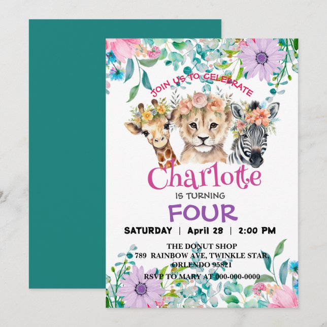 Cute Giraffe Zebra jungle Animals Birthday Floral Invitation (Front/Back)