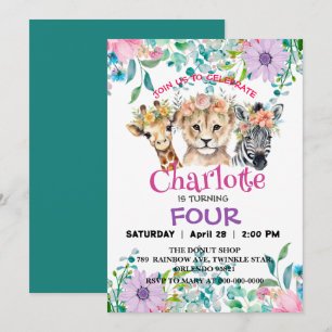 Cute Giraffe Zebra jungle Animals Birthday Floral Invitation