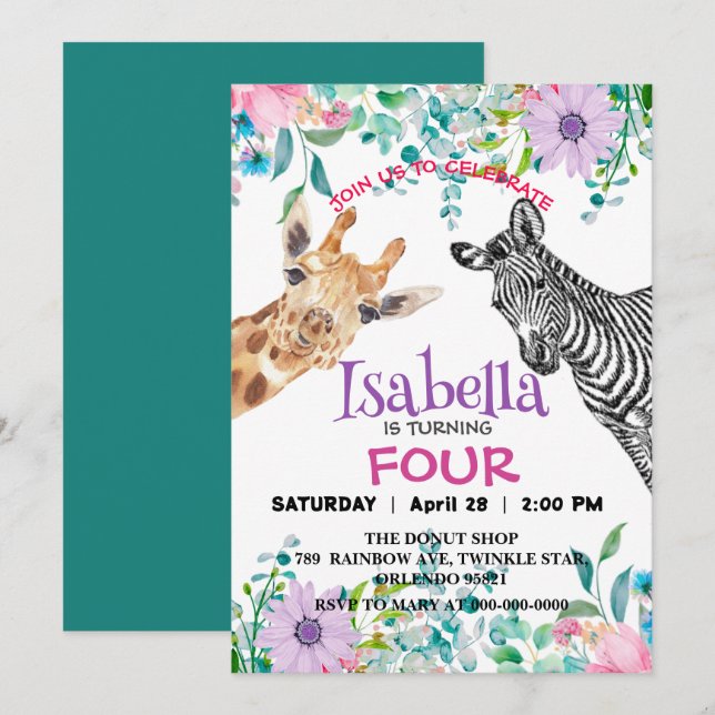 Cute Giraffe Zebra jungle Animals Birthday Flower Invitation (Front/Back)