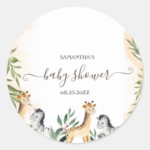 Cute GiraffeZebra Leaves Baby Shower   Classic Round Sticker