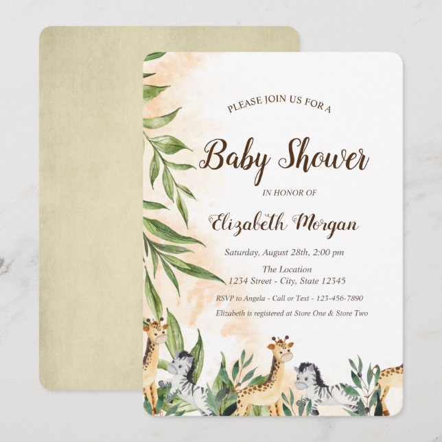 Cute Giraffe,Zebra Leaves Baby Shower  Invitation (Front/Back)