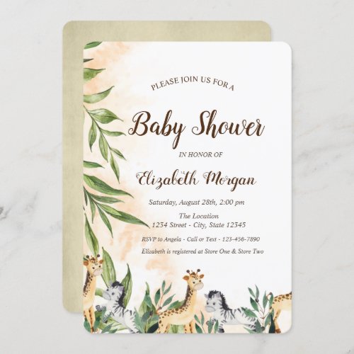 Cute GiraffeZebra Leaves Baby Shower  Invitation