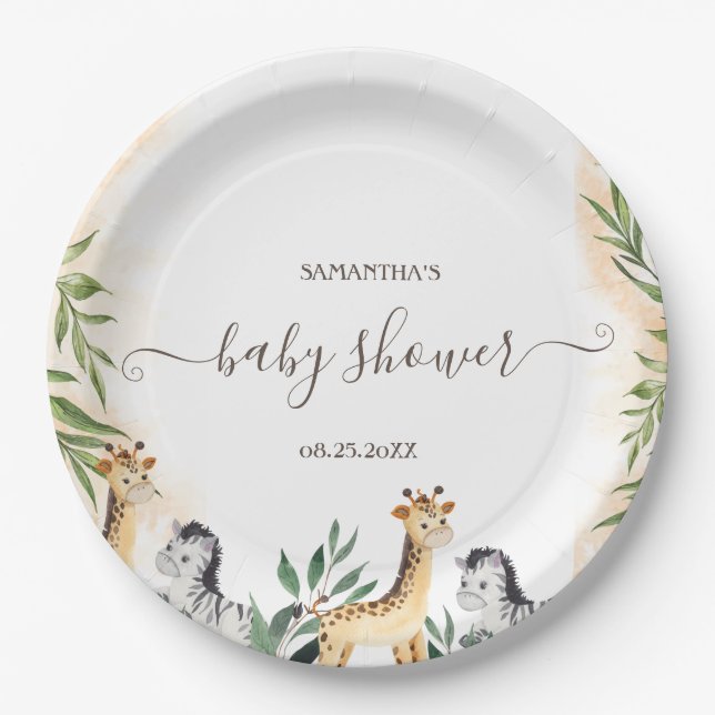 Cute Giraffe,Zebra Leaves Baby Shower Paper Plates (Front)