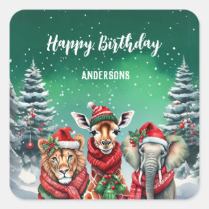 Cute giraffe zo Christmas tree birthday girl party Square Sticker