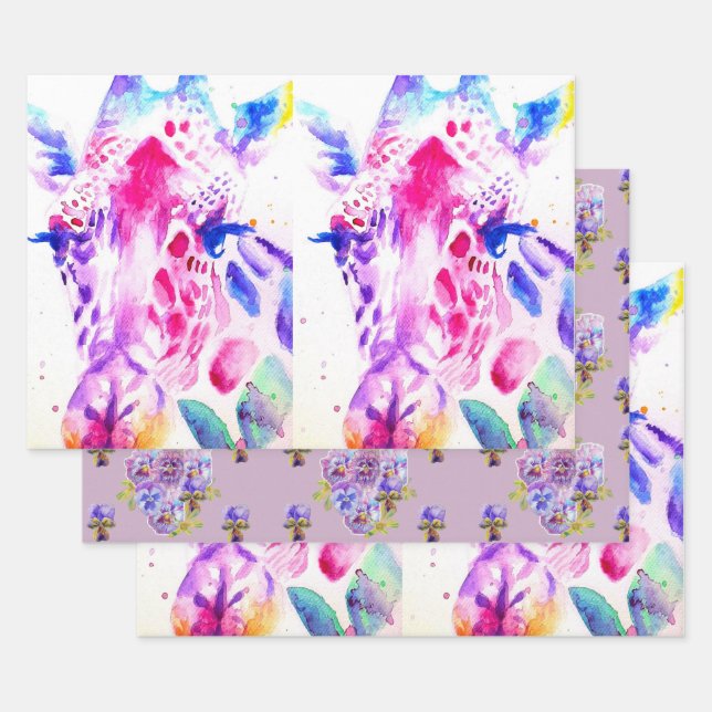 Cute Giraffe Zoo Animal Pattern Watercolor Wrapping Paper Sheets (Set)