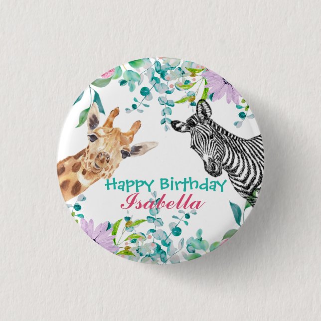 cute Giraffe zoo animals jungle Floral Birthday Button (Front)
