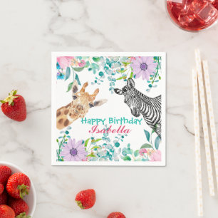 cute Giraffe zoo animals jungle Floral Birthday Napkins