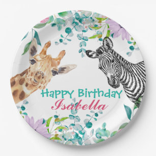 cute Giraffe zoo animals jungle Floral Birthday Paper Plates