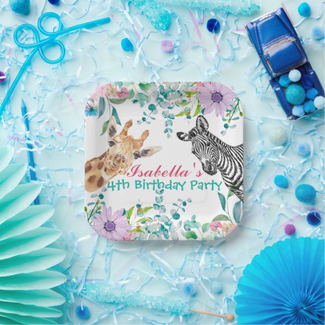 cute Giraffe zoo animals jungle Floral Birthday Paper Plates (Party)