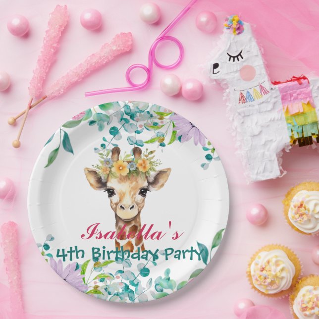 cute Giraffe zoo animals jungle Floral Birthday Paper Plates (Party)