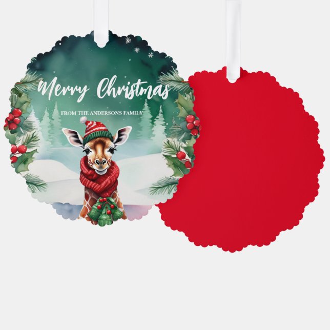Cute Giraffe zoo Santa Xmas Holiday Party Family Ornament Card (Front/Back)