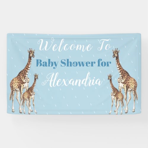 Cute Giraffes Blue Baby Shower Boy Watercolor Banner