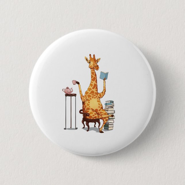 Cute Giraffes, Books and Tea Gift   Button (Front)