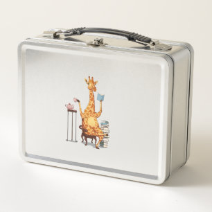 Cute Giraffes, Books and Tea Gift Metal Lunch Box