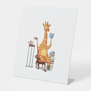 Cute Giraffes, Books and Tea Gift   Pedestal Sign