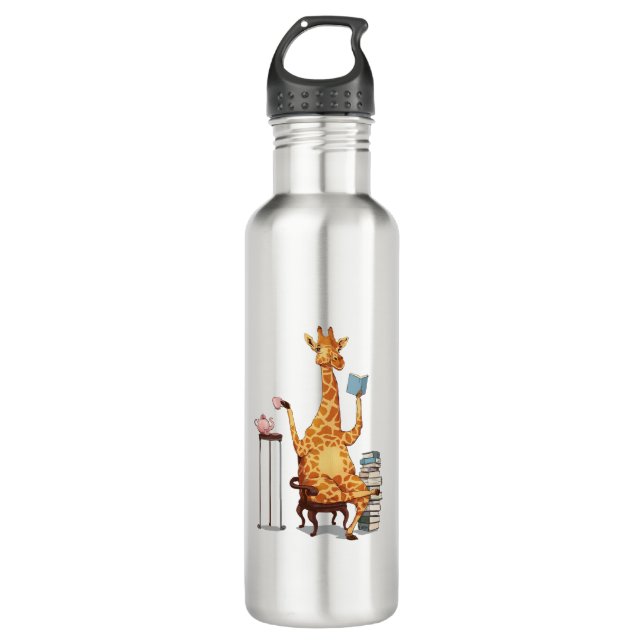 Cute Giraffes, Books and Tea Gift   Stainless Steel Water Bottle (Front)