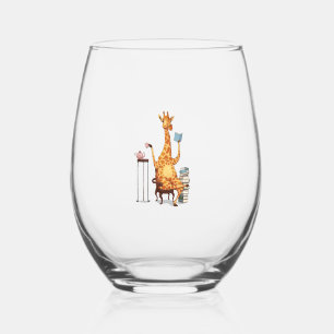 Cute Giraffes, Books and Tea Gift Stemless Wine Glass