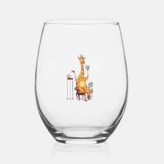 Cute Giraffes, Books and Tea Gift Stemless Wine Glass