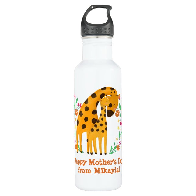 Cute Giraffes Custom Message Mother's Day Stainless Steel Water Bottle (Front)
