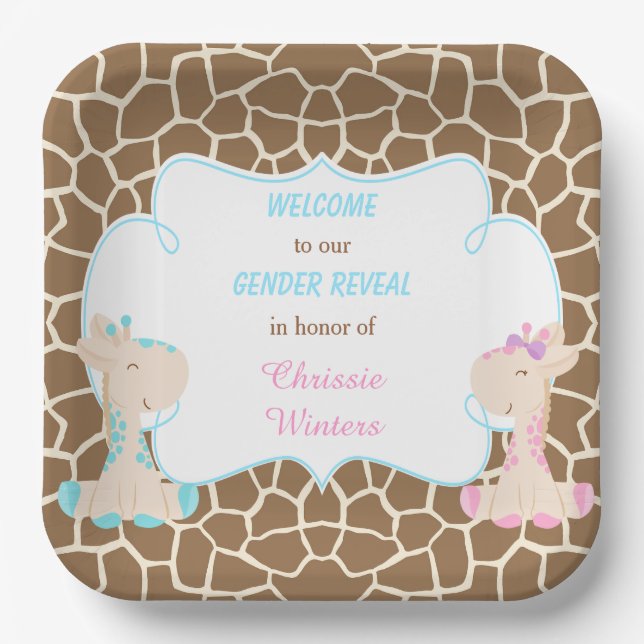 Cute Giraffes Gender Reveal Paper Plates (Front)