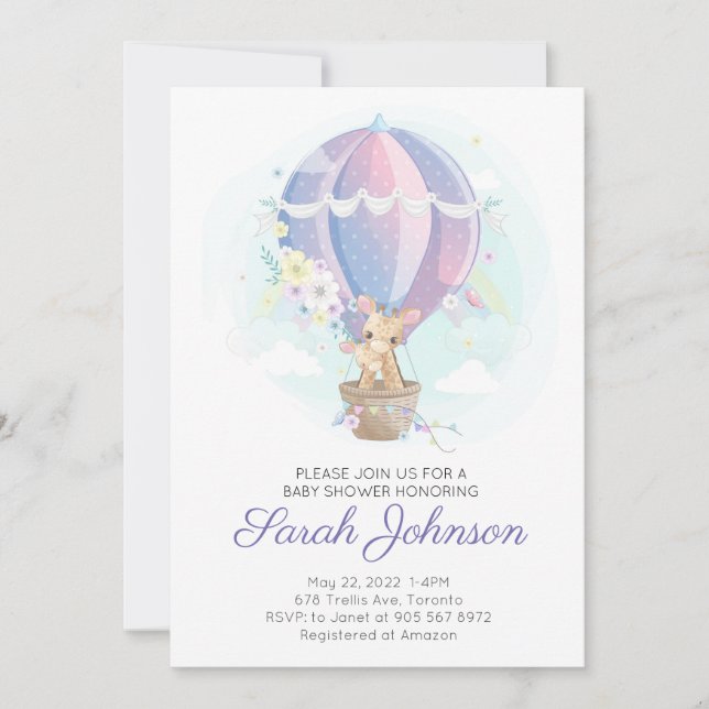 Cute Giraffes in Hot Air Balloon Baby Shower Invitation (Front)