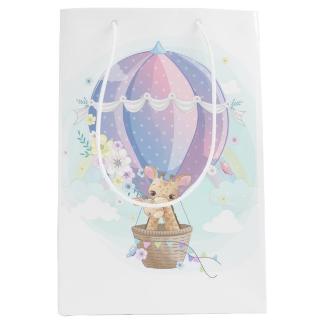 Cute Giraffes in Hot Air Balloon Baby Shower Medium Gift Bag (Front)