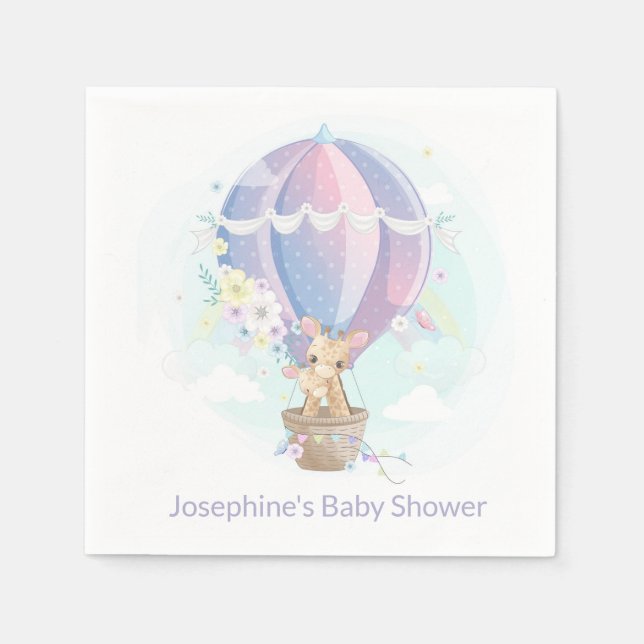 Cute Giraffes in Hot Air Balloon Baby Shower Napkins (Front)