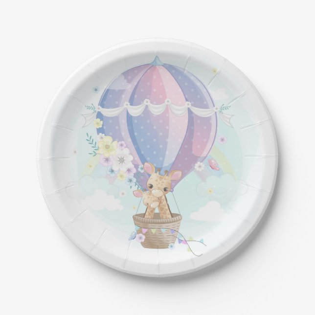 Cute Giraffes in Hot Air Balloon Baby Shower Paper Plates (Front)