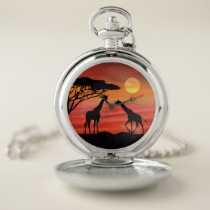 Cute Giraffes in the Serenegti Sunset Pocket Watch
