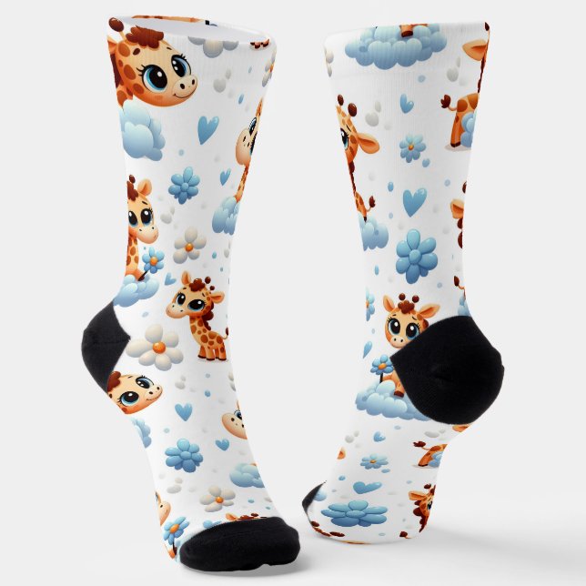Cute Giraffes on Clouds Baby Shower All-Over-Print Socks (Angled)