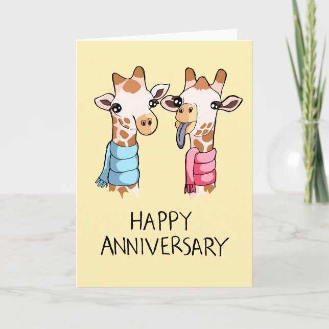 Cute Giraffes Scarves Drawing Anniversary Card (Front)