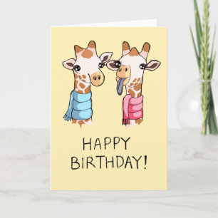 Cute Giraffes Scarves Drawing Happy Birthday Card