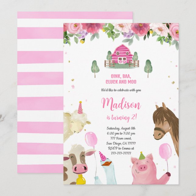 Cute Girl 2nd Farm Birthday Invitation (Front/Back)