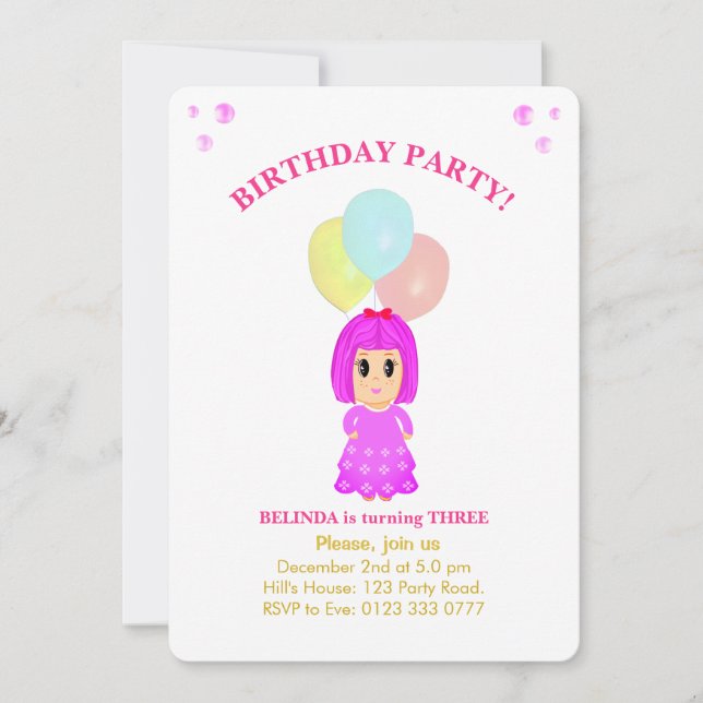 Cute Girl 3rd Birthday Invitation (Front)