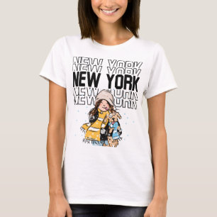 Cute Girl And A Dog New York Typography T-Shirt