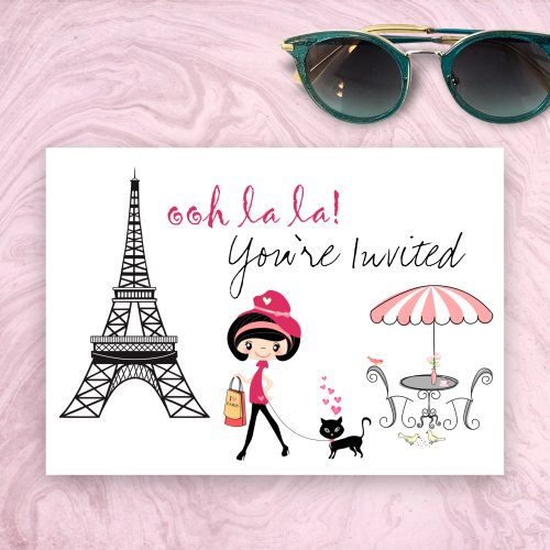 Girl and Cat Paris Birthday Invitation