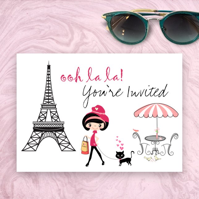 Cute Girl and Black Cat Paris Birthday Invitation