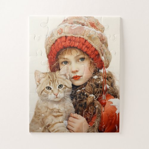 CUTE GIRL AND CAT ART JIGSAW PUZZLE