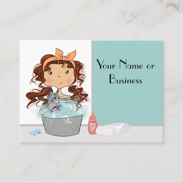 Cute Girl and Cat Bath Pet Grooming  Business Card (Front)