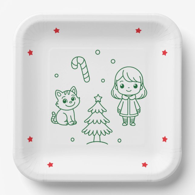 Cute Girl and Cat Christmas Square Paper Plates (Front)