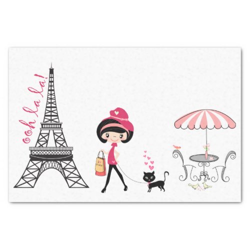 Cute Girl and Cat Eiffel Tower Paris Tissue Paper