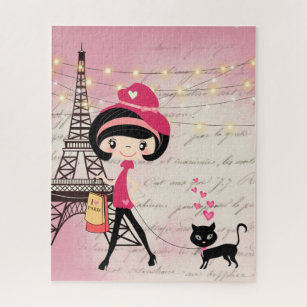 Cute Girl and Cat in Paris Eiffel Tower Jigsaw Puzzle