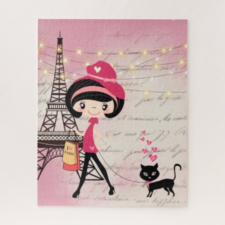 Cute Girl And Cat In Paris Eiffel Tower Jigsaw Puzzle
