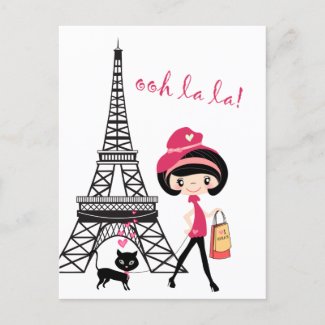 Cute Girl and Cat in Paris Eiffel Tower Postcard