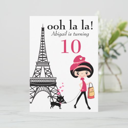 Cute Girl and Cat Paris Eiffel Tower Birthday Invitation