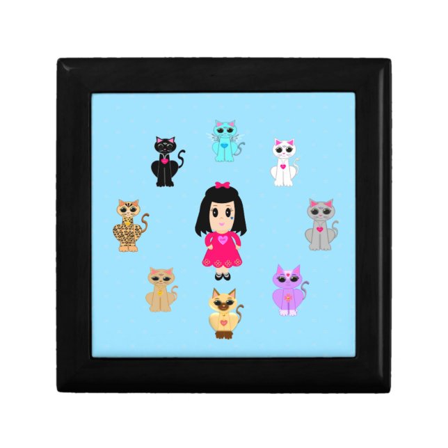 Cute girl and cats on light blue gift box (Front)