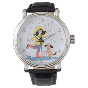 Cute Girl and Dog Dancing in the Rain Illustration Watch