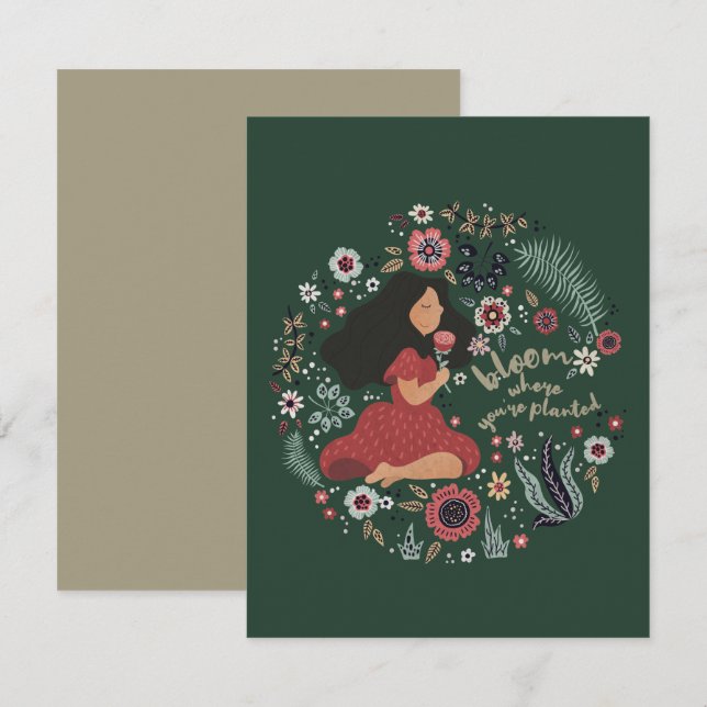 Cute Girl and Flowers - Bloom Where You're Planted Note Card (Front/Back)