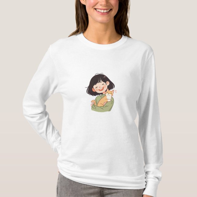 Cute Girl And Her Feline Friend  T-Shirt (Front)